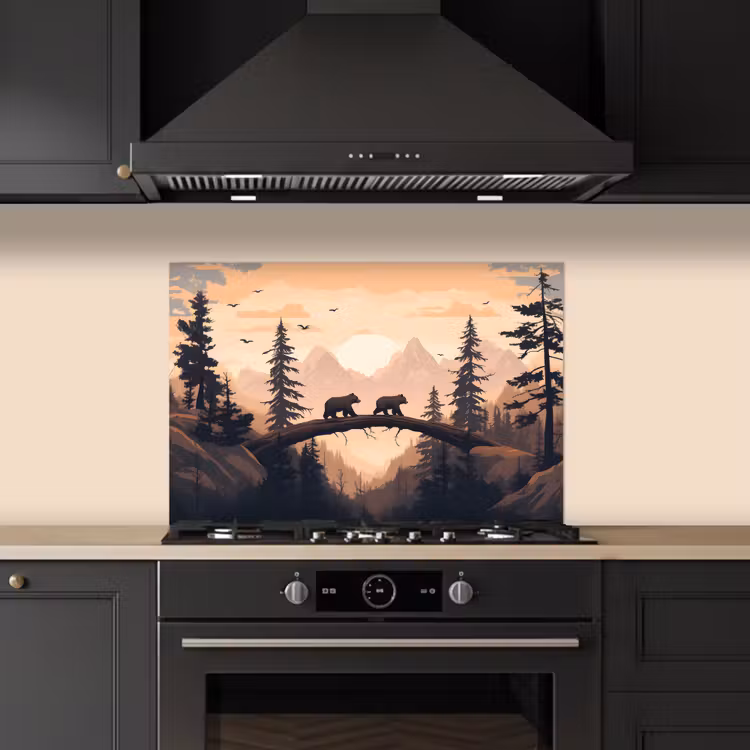 Spatscherm keuken - Beren - Bomen - Landschap - Zonsondergang — 2
