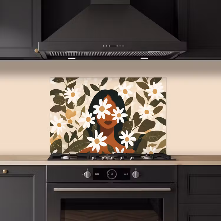 Spatscherm keuken - Illustratie - Vrouw - Madeliefjes - Wit — 2