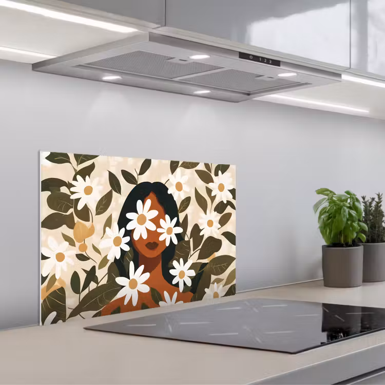 Spatscherm keuken - Illustratie - Vrouw - Madeliefjes - Wit — 5
