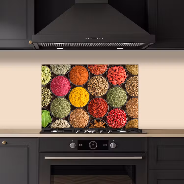 Spatscherm keuken - Kruiden - Schaaltjes - Kleurrijk - Textuur — 2