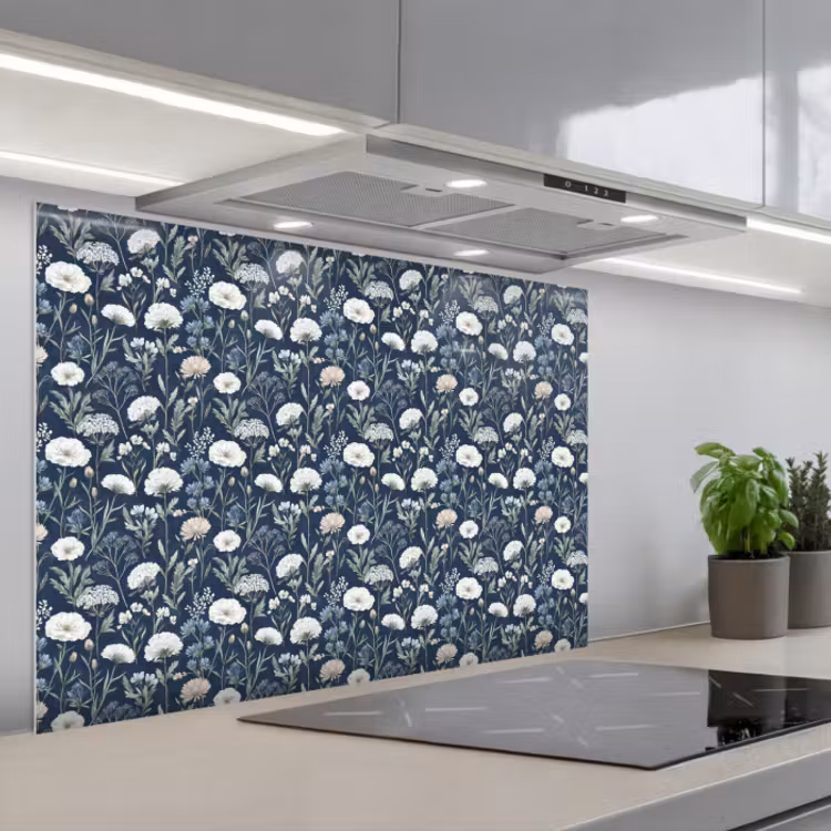 Spatscherm keuken - Patroon - Bloemen - Wit - Blauw — 1