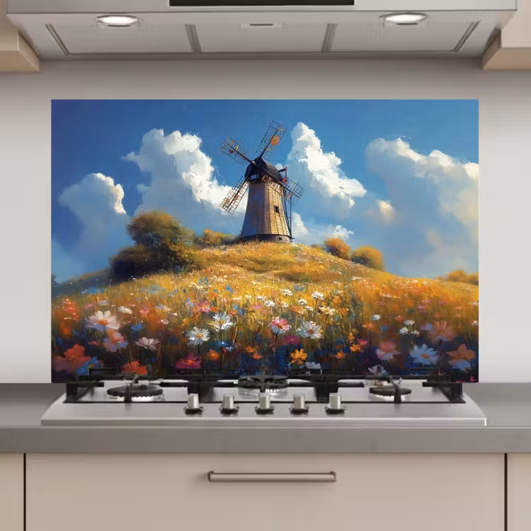 Spatscherm keuken - Windmolen - Heuvel - Bloemen - Kleurrijk — 1