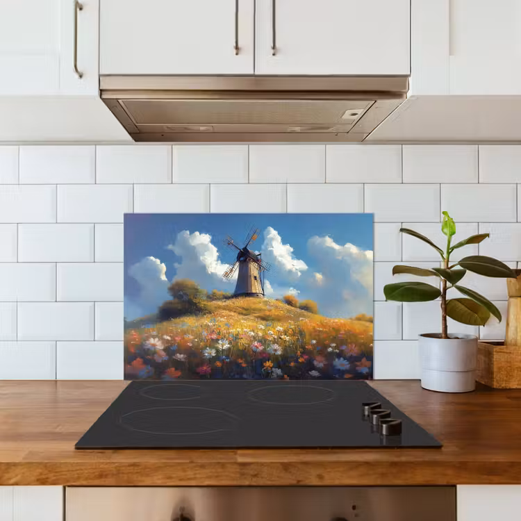 Spatscherm keuken - Windmolen - Heuvel - Bloemen - Kleurrijk — 6
