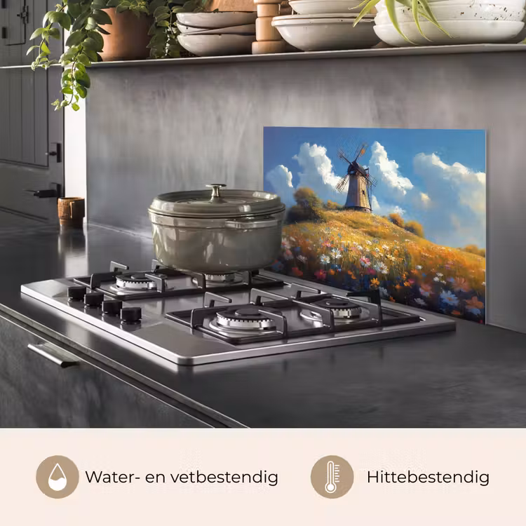 Spatscherm keuken - Windmolen - Heuvel - Bloemen - Kleurrijk — 7
