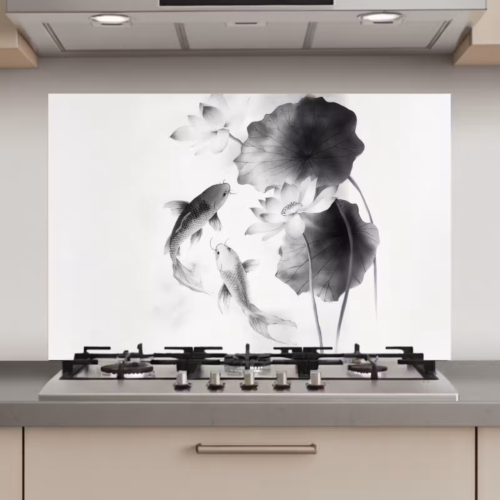 Spatscherm keuken - Lotusbloemen - Vissen - Bladeren - Zwart — 1