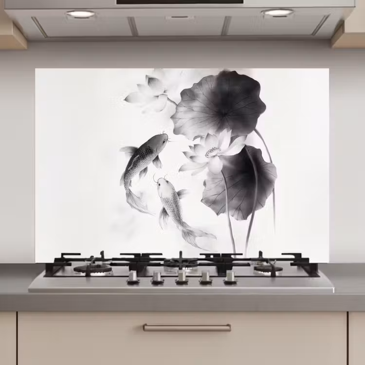 Spatscherm keuken - Lotusbloemen - Vissen - Bladeren - Zwart — 1