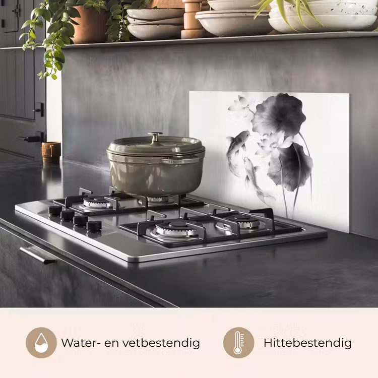 Spatscherm keuken - Lotusbloemen - Vissen - Bladeren - Zwart — 7