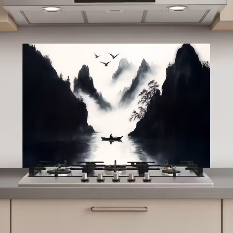 Spatscherm keuken - Roeiboot - Mistig - Bergen - Vogels — 1