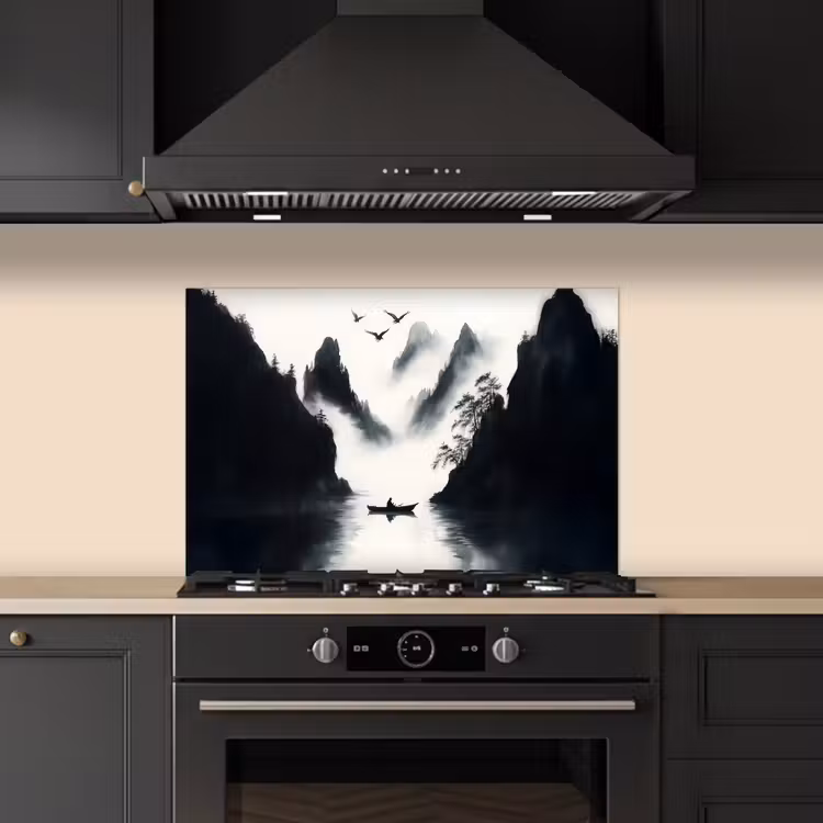 Spatscherm keuken - Roeiboot - Mistig - Bergen - Vogels — 2