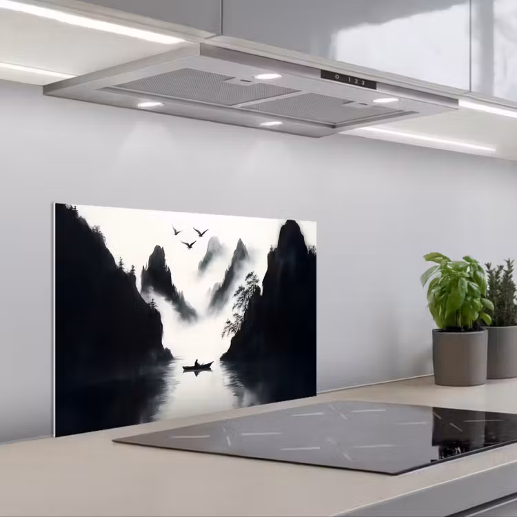 Spatscherm keuken - Roeiboot - Mistig - Bergen - Vogels — 5