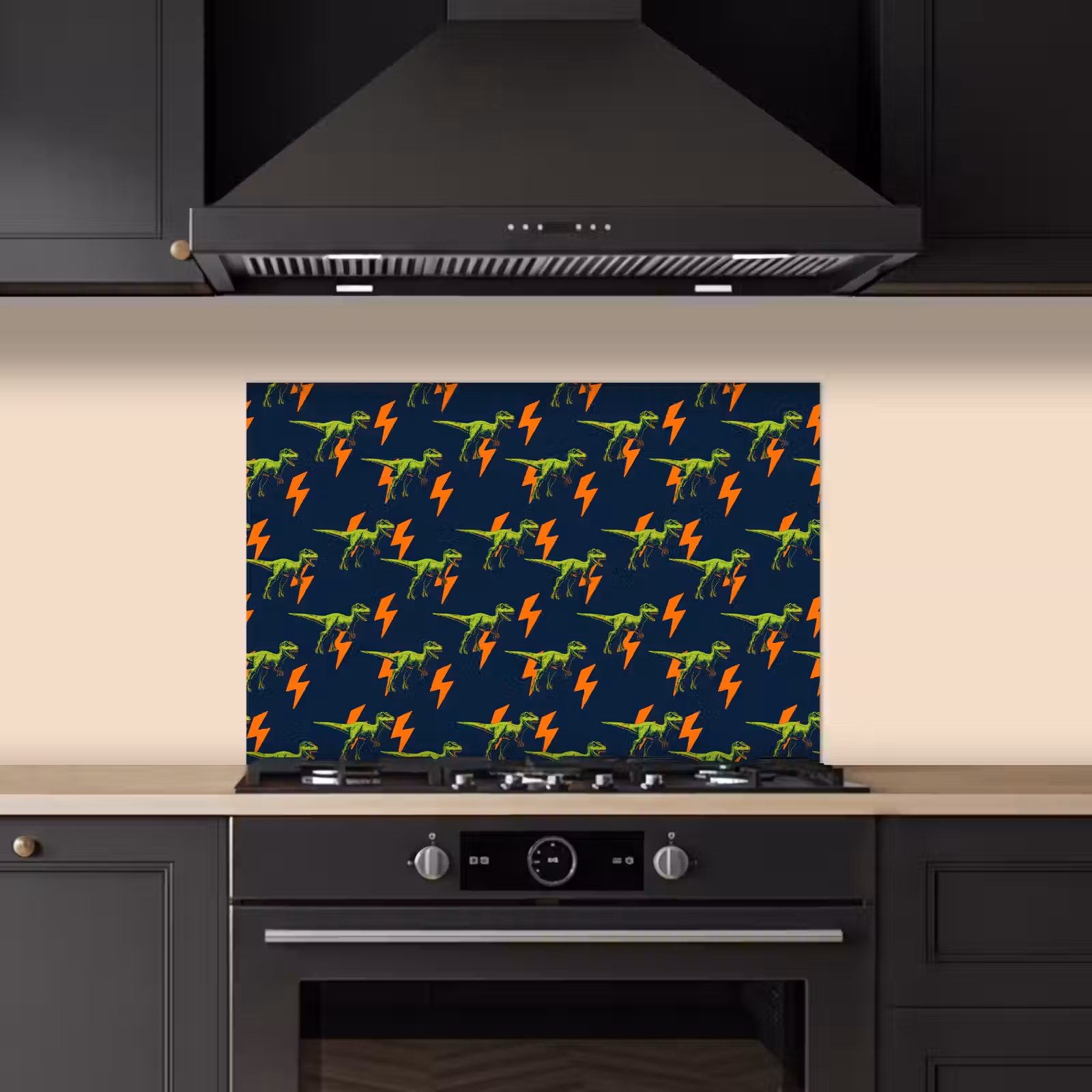 Spatscherm keuken - Bliksemschichten - Oranje - Dinosaurussen — 1