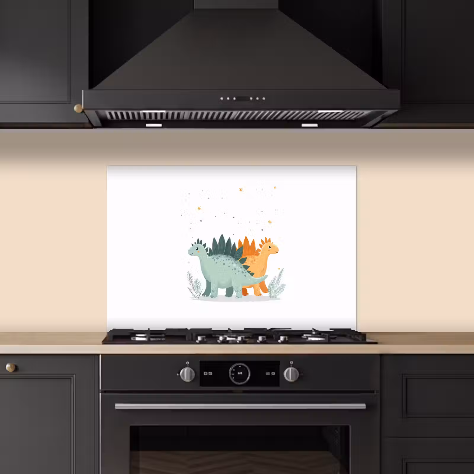 Spatscherm keuken - Planten - Sterren - Dinosaurussen - Oranje — 1