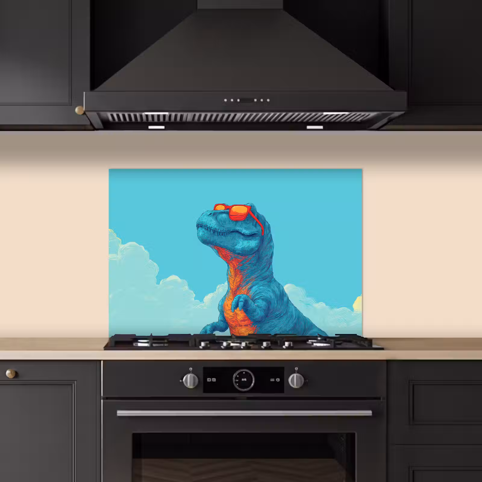Spatscherm keuken - T-Rex - Blauw - Wolken - Zonnebril — 1