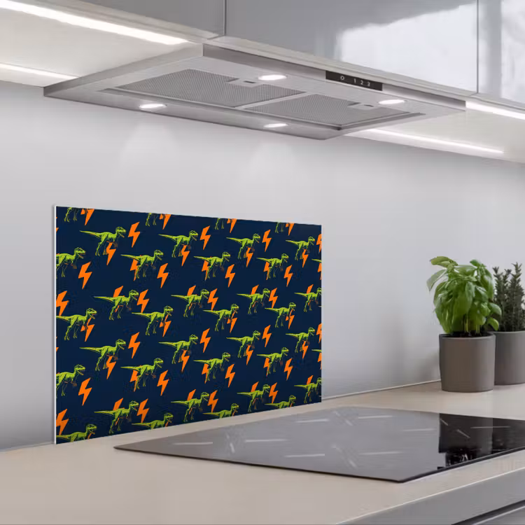Spatscherm keuken - Bliksemschichten - Oranje - Dinosaurussen — 4