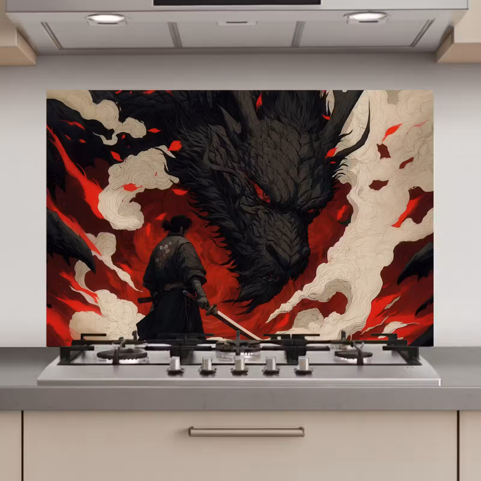 Spatscherm keuken - Krijger - Draak - Zwart - Rood - Rook — 1