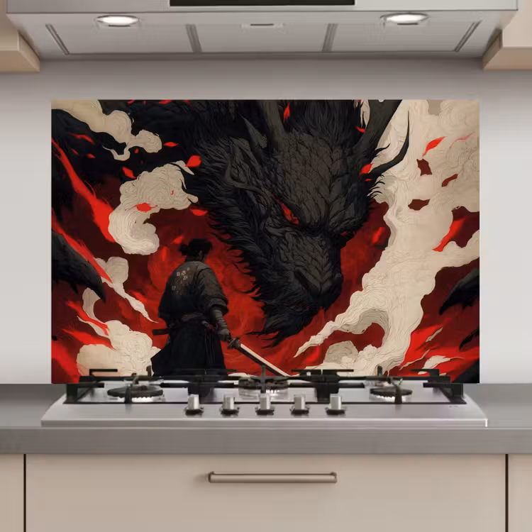 Spatscherm keuken - Krijger - Draak - Zwart - Rood - Rook — 1