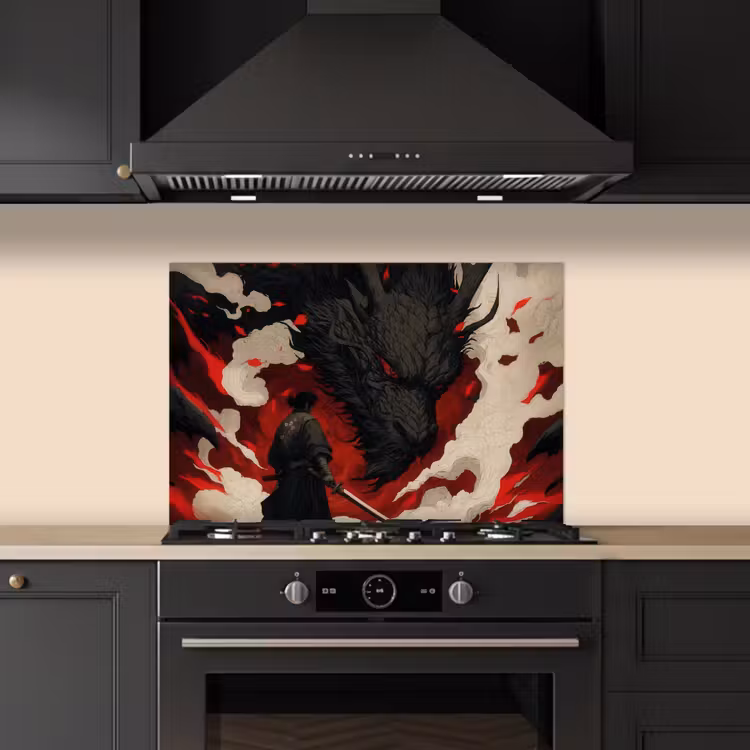 Spatscherm keuken - Krijger - Draak - Zwart - Rood - Rook — 2