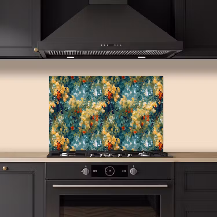 Spatscherm keuken - Geel - Bloemen - Groen - Bladeren — 1