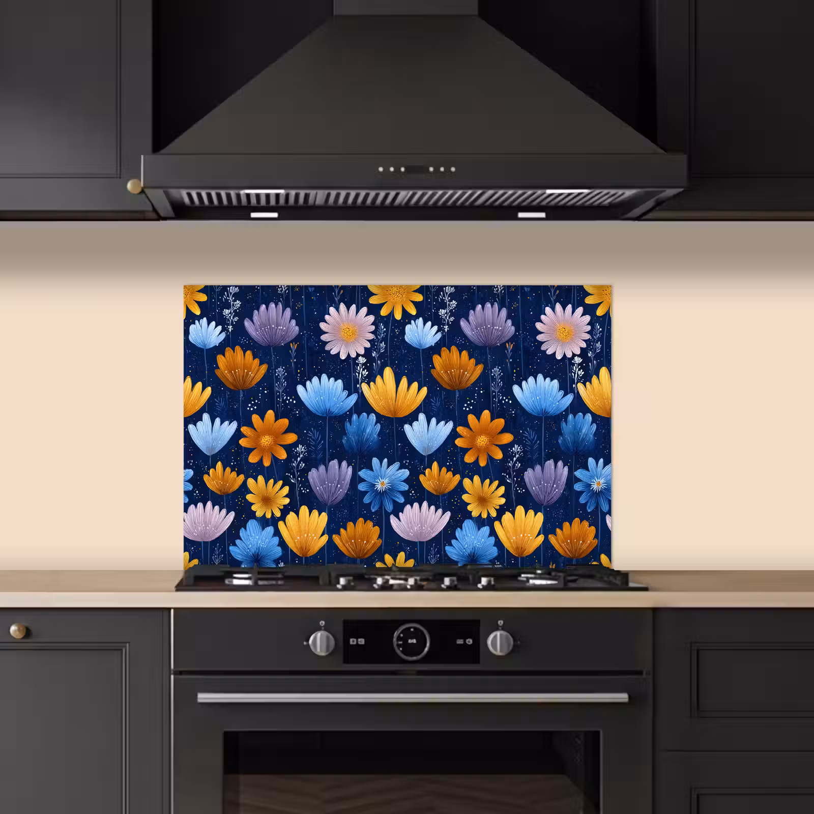 Spatscherm keuken - Bloemen - Patroon - Blauw - Contrast — 1