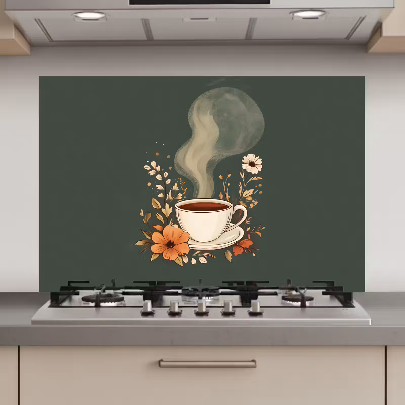 Spatscherm keuken - Kop - Bloemen - Groen - Koffie — 1