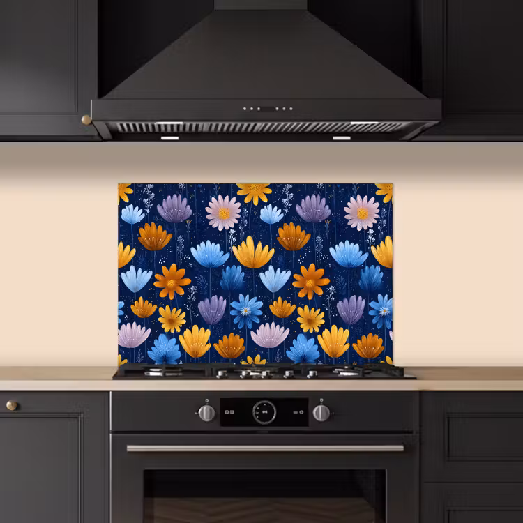 Spatscherm keuken - Bloemen - Patroon - Blauw - Contrast — 1