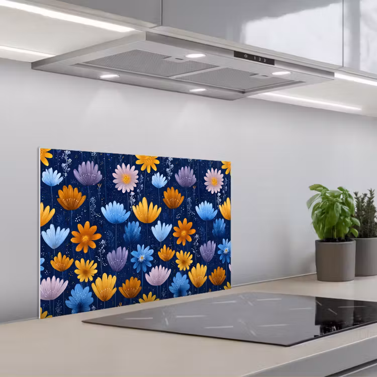 Spatscherm keuken - Bloemen - Patroon - Blauw - Contrast — 4