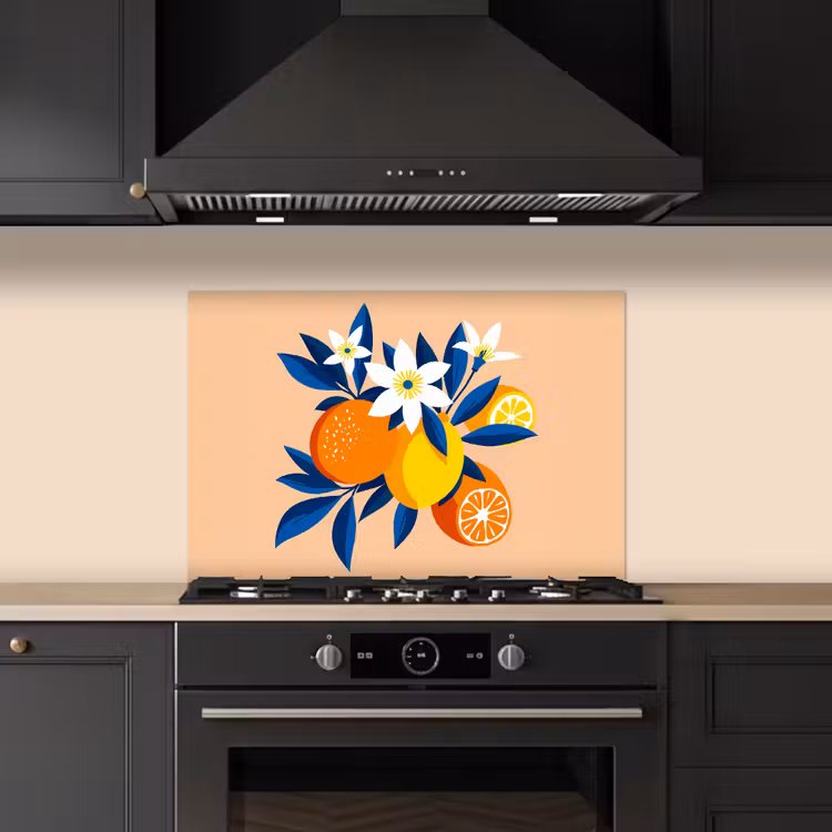 Spatscherm keuken - Illustratie - Sinaasappels - Donkerblauw - Bloemen — 2