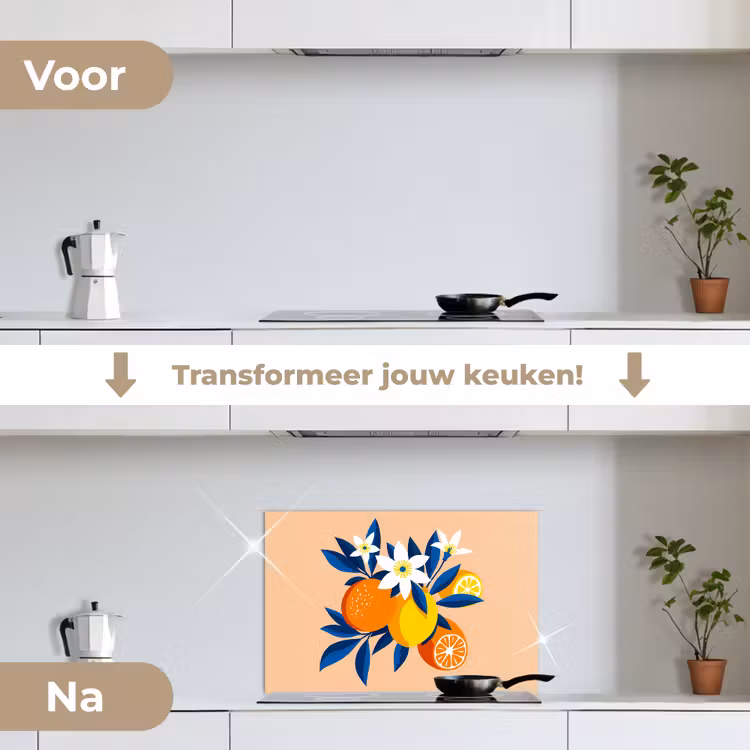 Spatscherm keuken - Illustratie - Sinaasappels - Donkerblauw - Bloemen — 3