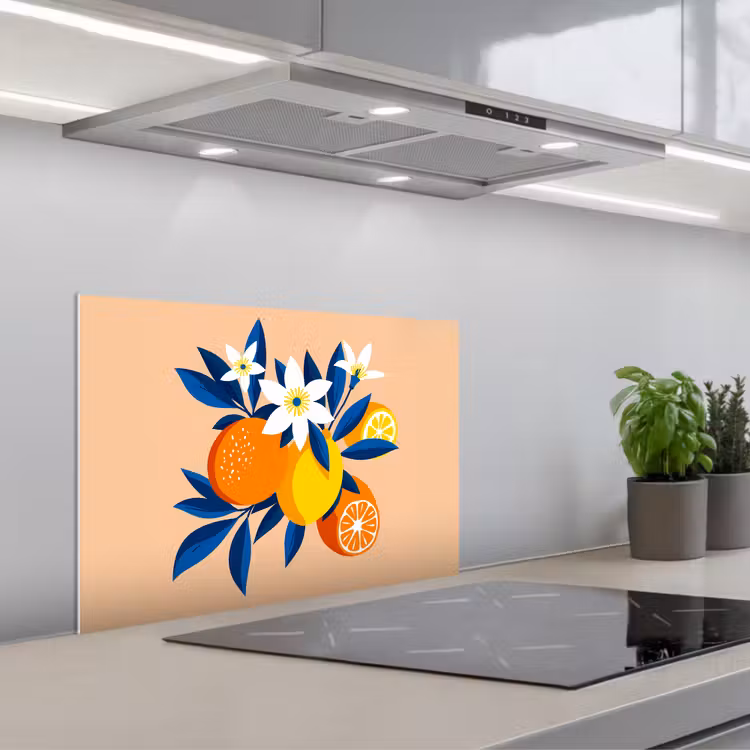 Spatscherm keuken - Illustratie - Sinaasappels - Donkerblauw - Bloemen — 5