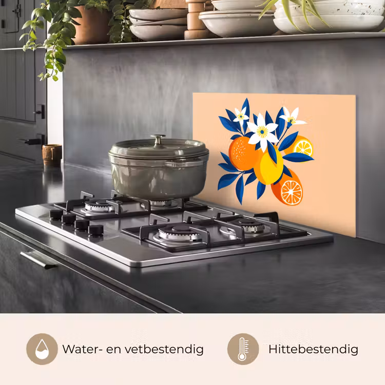 Spatscherm keuken - Illustratie - Sinaasappels - Donkerblauw - Bloemen — 7