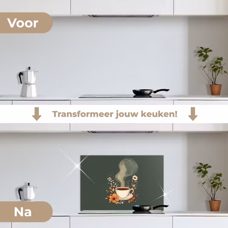 Spatscherm keuken - Kop - Bloemen - Groen - Koffie — 3