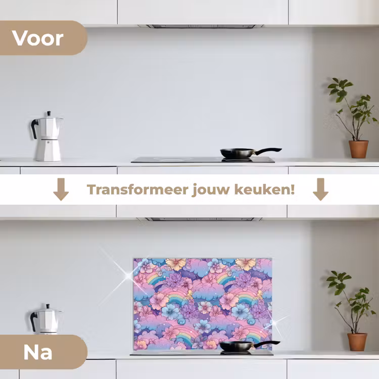 Spatscherm keuken - Regenbogen - Bloemen - Kleurrijk - Wolken — 2