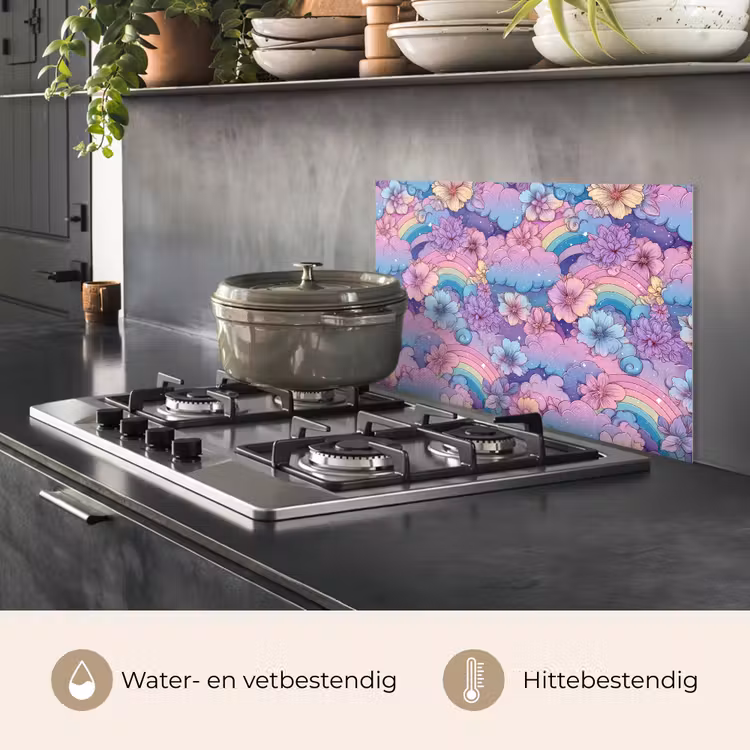 Spatscherm keuken - Regenbogen - Bloemen - Kleurrijk - Wolken — 6