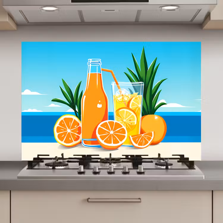 Spatscherm keuken - Sinaasappels - Ijsblokjes - Zee - Illustratie — 1