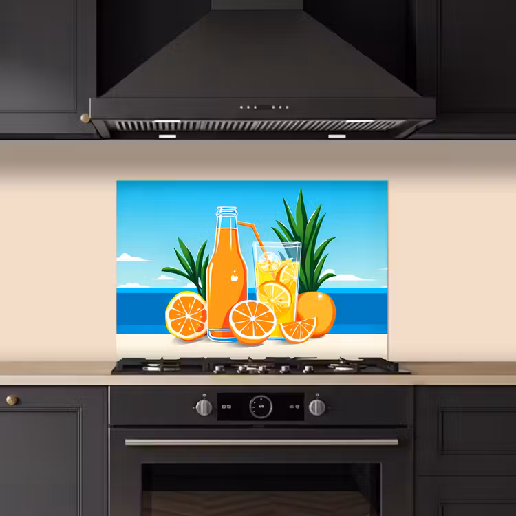Spatscherm keuken - Sinaasappels - Ijsblokjes - Zee - Illustratie — 2