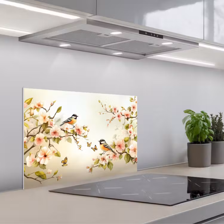Spatscherm keuken - Takken - Bloemen - Vogeltjes - Roze — 5