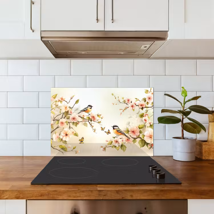Spatscherm keuken - Takken - Bloemen - Vogeltjes - Roze — 6