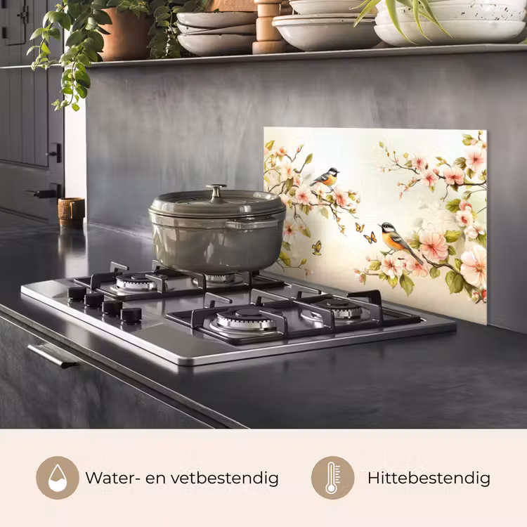 Spatscherm keuken - Takken - Bloemen - Vogeltjes - Roze — 7