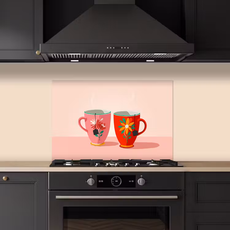 Spatscherm keuken - Theekopjes - Bloemmotieven - Roze - Theezakjes — 2