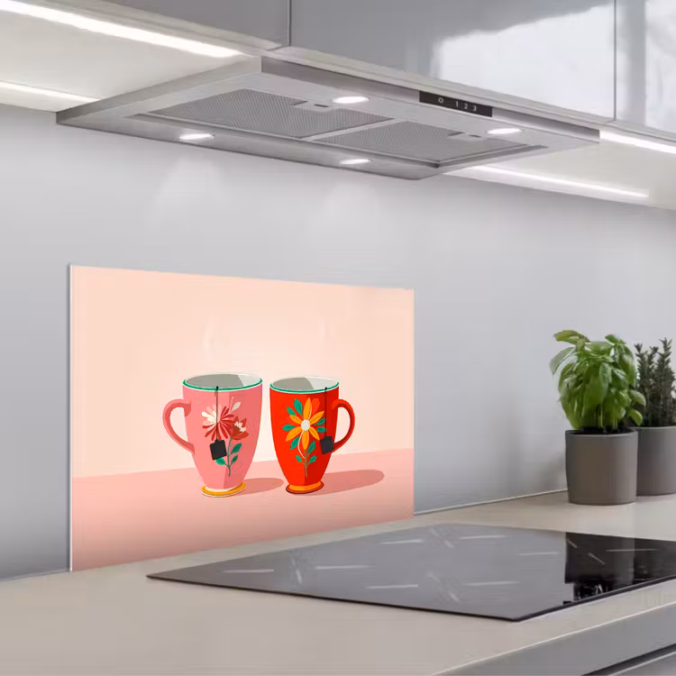 Spatscherm keuken - Theekopjes - Bloemmotieven - Roze - Theezakjes — 5