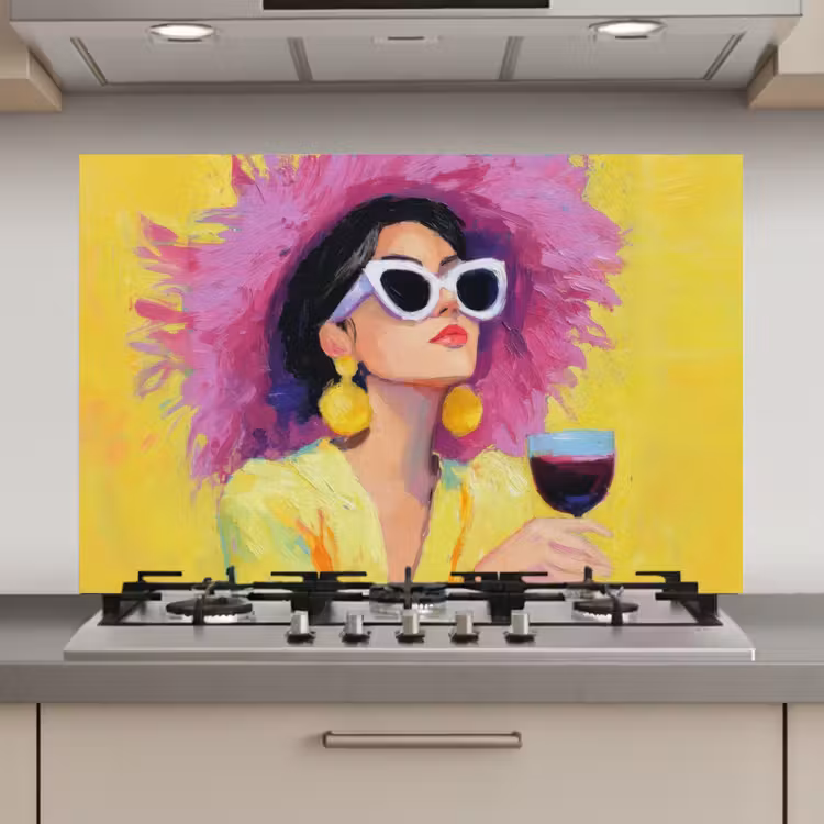 Spatscherm keuken - Vrouw - Hoed - Paars - Wijn — 1