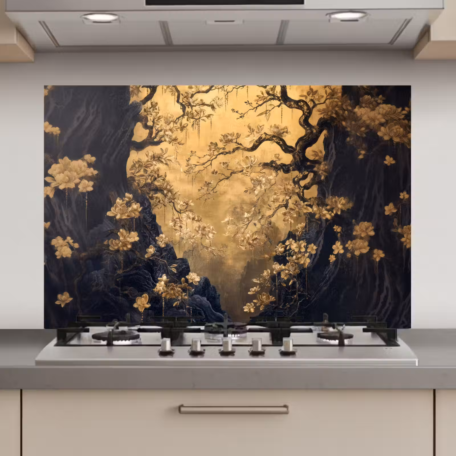 Spatscherm keuken - Bloemen - Takken - Goud - Sierlijk — 1
