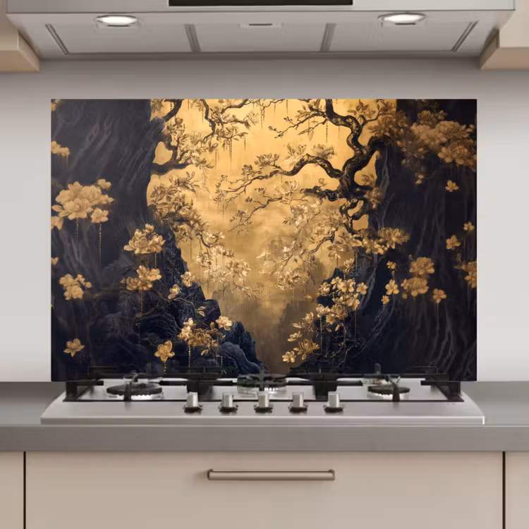 Spatscherm keuken - Bloemen - Takken - Goud - Sierlijk — 1
