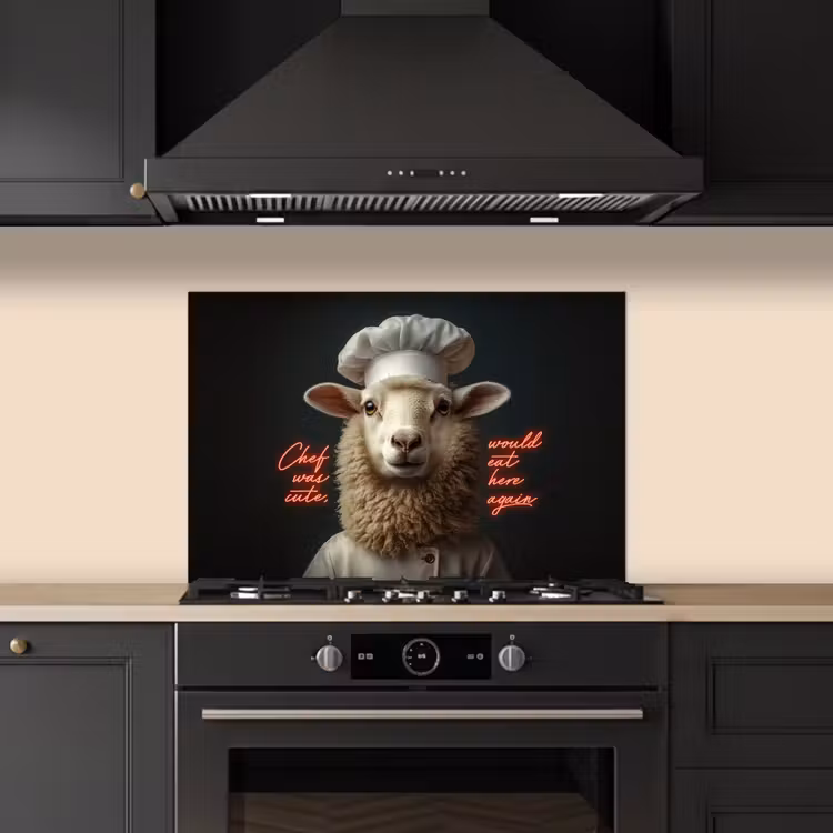 Spatscherm keuken - Schaap - Kokskleding - Neon - Quote — 2