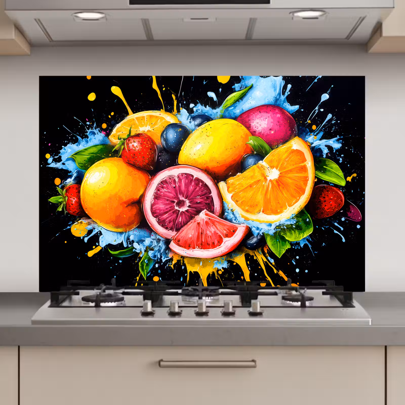 Spatscherm keuken - Fruit - Graffiti - Kleurrijk - Sinaasappel - Aardbei - Abstract — 1