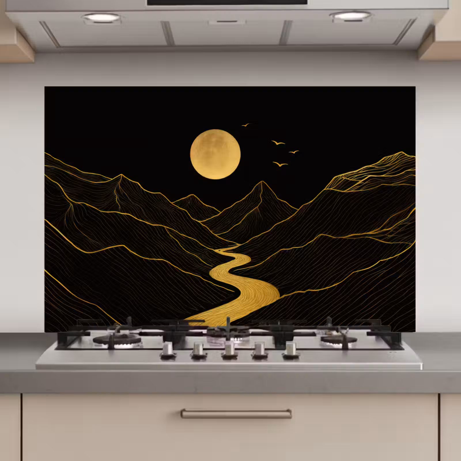 Spatscherm keuken - Rivier - Goud - Maan - Vogels — 1