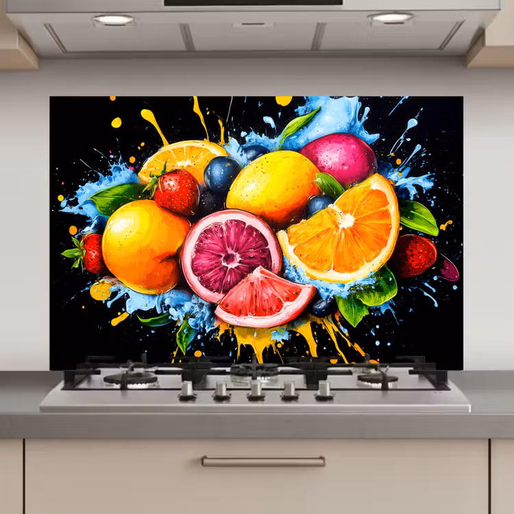 Spatscherm keuken - Fruit - Graffiti - Kleurrijk - Sinaasappel - Aardbei - Abstract — 1