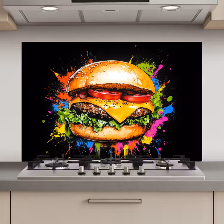Spatscherm keuken - Hamburger - Graffiti - Verf - Kleurrijk - Eten - Abstract — 1