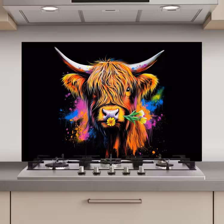 Spatscherm keuken - Schotse Hooglander - Graffiti - Kleurrijk - Bloem - Dieren — 1