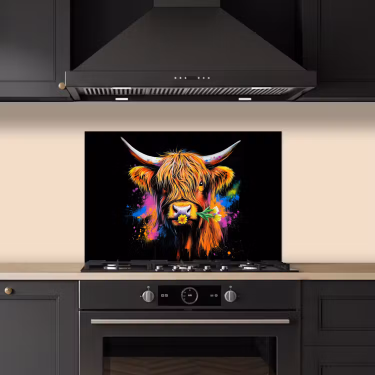 Spatscherm keuken - Schotse Hooglander - Graffiti - Kleurrijk - Bloem - Dieren — 2
